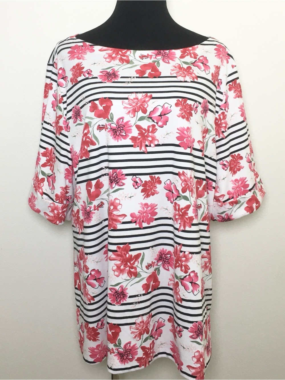 Pink Floral & Black Stripe Boatneck Top